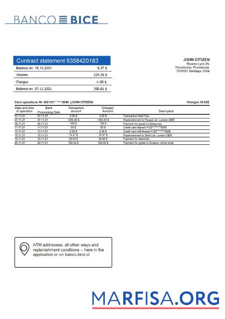 Downloadable Chile Banco Bice bank statement word real example